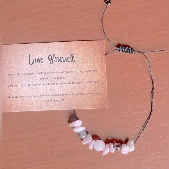 “Love Yourself” Tumbled Stone Bracelet (Rose Quartz, Amethyst, Rhodonite) - Picture 6 of 12